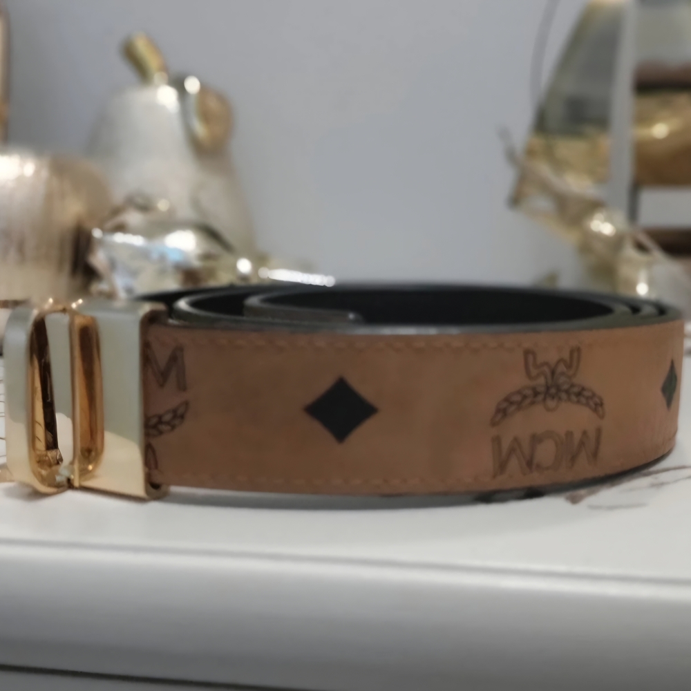 MCM (Unisex) Claus Monogram Reversible Logo Belt Black/ Cognac Brown - Picture 5 of 11